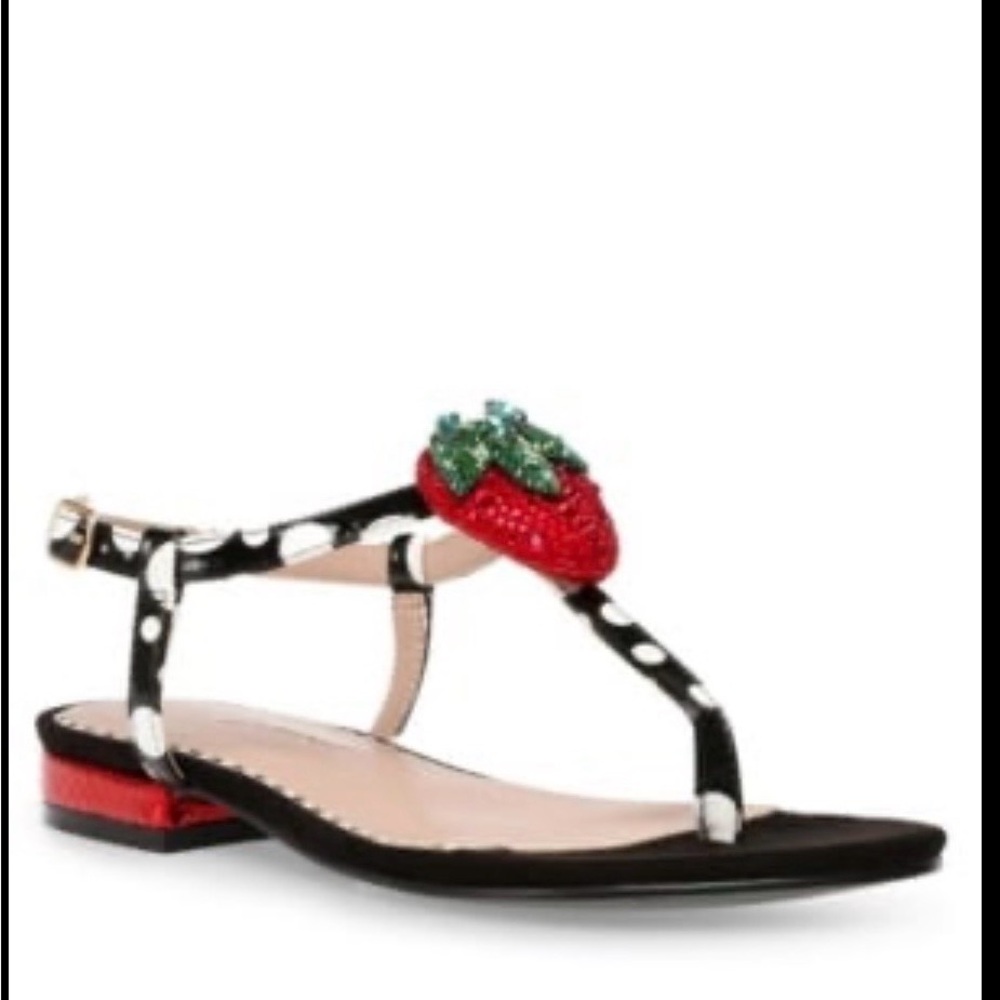 Betsy Johnson Rhinestone Strawberry Embellished Black and White Sandals sz 8.5